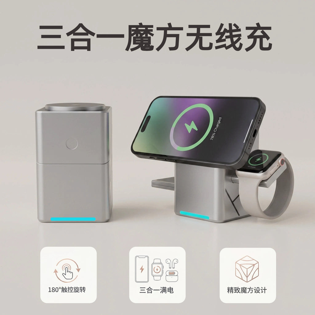 Spot Rubik's Cube Wireless Charging Three-in-One Magnetic Suction Rotating Bracket Suitable for Apple Watch Headset Mobile Phone Charging Base